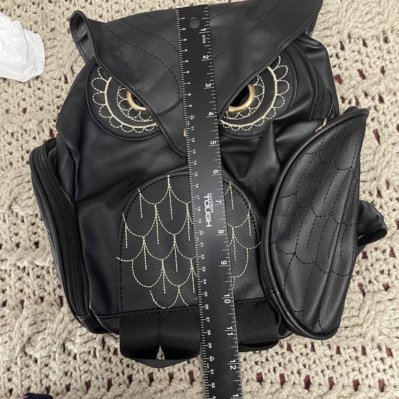 Owl Backpack Black Faux Leather Embroidered Eyes Side Zipper Pockets Cute‎ Bag - Picture 14 of 16